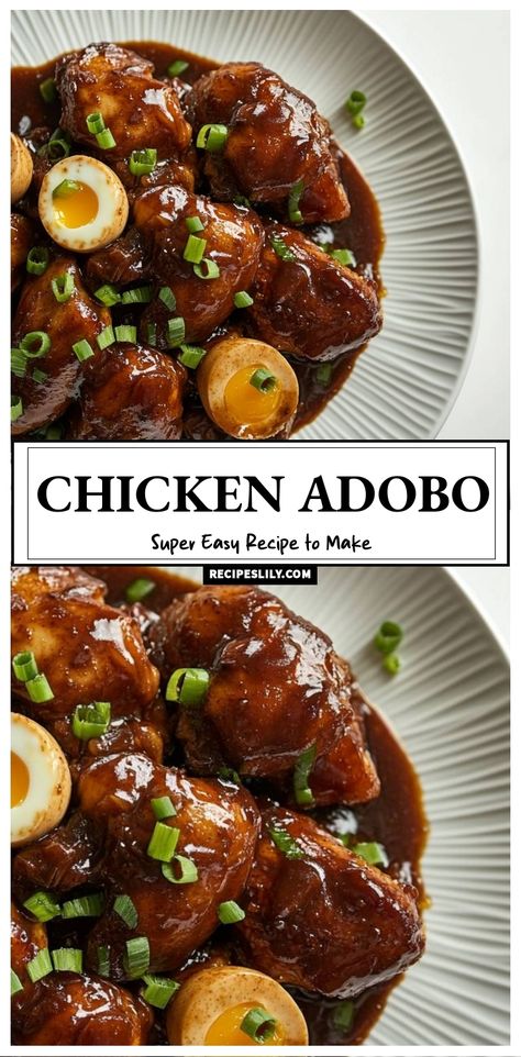 I'm excited to share my super easy Chicken Adobo recipe! This savory dish is packed with rich flavors, thanks to the perfect blend of soy sauce, vinegar, and spices. The tender chicken complements the creamy quail eggs and vibrant green onions beautifully. It's a must-try for anyone looking to bring a taste of the Philippines to their kitchen! Philippine Adobo Chicken, Instapot Chicken Adobo, Chicken Adobo Recipe Easy, Best Filipino Recipes, Chicken Adobo Recipe, Quail Recipes, Chicken Adobo, Adobo Recipe, Adobo Chicken