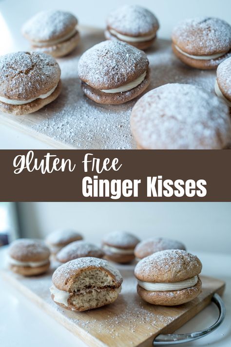 Ginger Kisses are a sponge/biscuit hybrid, flavoured with mixed spices and ginger and sandwiched together with some spiced golden syrup butter cream before being gently individually kissed by the baker (only kidding on that last bit). Gluten Free Baking. Gluten Free Recipe. Gluten Free Dessert. Easy Baking. Gluten Free Cake. Ginger Kisses Recipe, Ginger Kisses, Ginger Desserts, Baking Gluten Free, Df Recipes, Gluten Free Dessert, Dairy Free Baking, Gf Baking, Gluten Free Biscuits