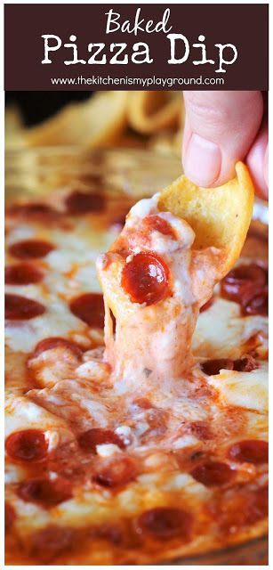 Baked Pizza Dip ~ Loaded with creamy cheesy-ness & all the flavor of traditional pizza pie, Baked Pizza Dip is perfectly pure pizza deliciousness in a fun dippable form. A great family-friendly crowd-pleasing dip for enjoying during any party, the big game, or even as an after-school snack.  www.thekitchenismyplayground.com Baked Pizza Dip, Football Food Appetizers, Caramelized Onion Pizza, Pizza Dip Recipes, Baked Dips, Baked Pizza, Game Day Recipes, Dip Recipes Appetizers, Pizza Dip