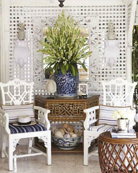 Classic British Colonial Style Porch Tropical British Colonial, West Indies Style, British Colonial Decor, Colonial Interior, Colonial Design, British Colonial Style, Estilo Tropical, Blue White Decor, Asian Homes