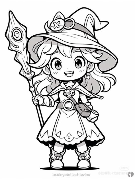 Halloween little witch Chibi Witch, Easy Halloween Drawings, Hippie Drawing, Witch Drawing, Witch Coloring Pages, Manga Coloring Book, Witch Characters, Tim Burton Art, Detailed Coloring Pages