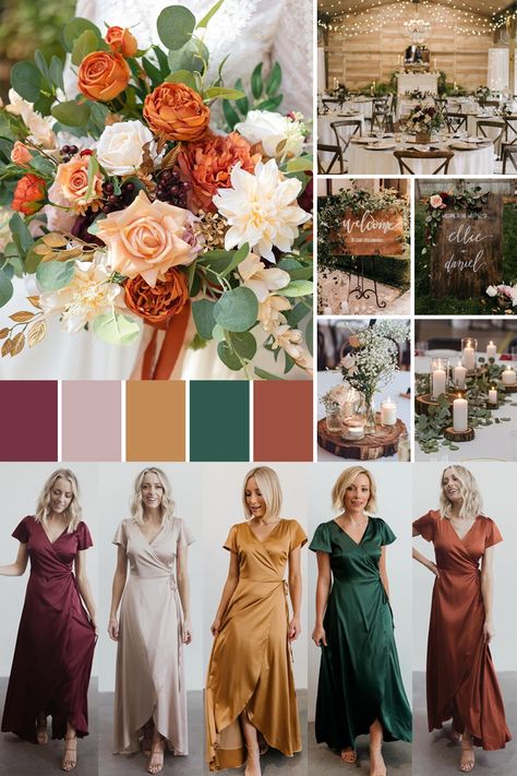 Classic, modern, and touch of rustic. Rustic Boho Bridesmaid Dresses, Mismatched Bridesmaid Dresses Fall Autumn Color Palettes, Fall Jewel Tone Wedding, Rustic Color Palette, Bridesmaid Dress Color Schemes, Pearl Bridal Shower, Fall Wedding Color Schemes, Rusting Wedding, Wedding Color Pallet