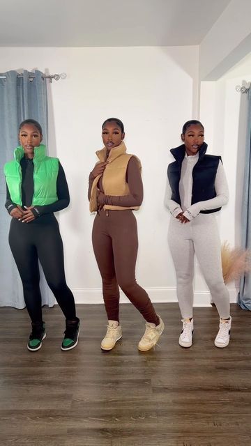 Black Women Jumpsuit Outfit, Jumpsuit And Puffer Jacket Outfit, How To Style Brown Jumpsuit, Brown Jumpsuit Outfit Baddie, Puffer Vest With Jumpsuit, Black Jumpsuit With Puffer Vest, Jumpsuit And Puffer Vest Outfit, Jumpsuit Vest Outfit, One Piece Jumpsuit Outfits Black Women