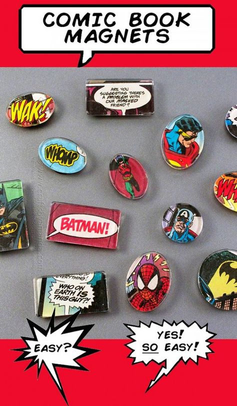 76 Crafts To Make and Sell - Easy DIY Ideas for Cheap Things To Sell on Etsy, Online and for Craft Fairs. Make Money with These Homemade Crafts for Teens, Kids, Christmas, Summer, Mother’s Day Gifts. |  Comic Book Magnets  |  diyjoy.com/crafts-to-make-and-sell Comic Crafts, Book Magnets, Comic Book Crafts, Market Day Ideas, Diy Magnets, Superhero Crafts, Crafts For Teens To Make, Magnet Crafts, Geek Decor