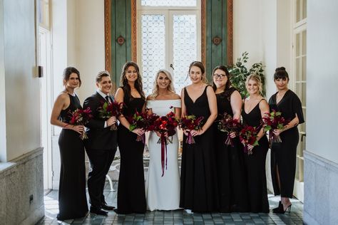 Dramatic red wedding flowers. Black bridesmaids dresses Black Bridesmaid Dresses Jewel Tone Flowers, Black Bridesmaid Dresses Red Flowers, Black And Red Bridesmaid Dresses, Black Dress Red Flowers, Wedding Flowers Black, Black Bridesmaids Dresses, Alaskan Wedding, Black Bridesmaid, Red Wedding Flowers