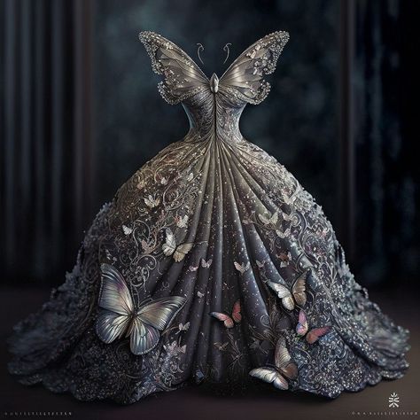 Sterling butterfly gown. 2022. Butterfly Gown Styles, Butterfly Dress Gowns, Dress With 3d Butterflies, Butterfly Inspired Dress, Butterfly Ball Gown, Butterfly Inspired Gown, Black Butterfly Dress, Butterfly Ballgown, Purple Butterfly Ball Gown