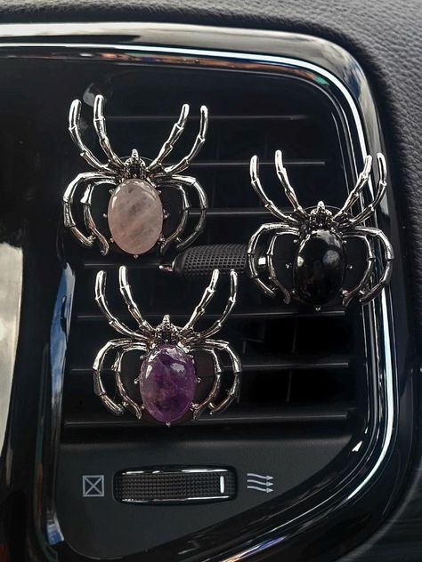 Spider Gemstone Vent Clip | Healing | CAR AIR FRESHENER | Witchy | Halloween Car Charm | Car Essential Oil Diffuser -  #air #Car #Charm #Clip #Diffuser #Essential #freshener #Gemstone #Halloween #healing #Oil #Spider #Vent #Witchy Spider Car Decoration, Gothic Car Interior Decor, Car Vent Clip Air Freshener, Fall Car Accessories, Emo Car Interior Ideas, Kuromi Car Decor, Inside Car Ideas Aesthetic, Car Vent Accessories, Spooky Car Accessories