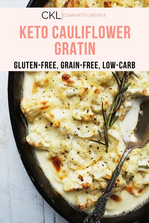 This Keto Cauliflower Gratin is the perfect side dish! Simple to make and the perfect complement to any keto entree. This gratin is creamy and full of flavor - and it's keto, low-carb,  grain-free, and gluten-free! Cauliflower Au Gratin Keto, Keto Scalloped Cauliflower, Califlower Augratin Cauliflower Gratin, Keto Crockpot Side Dishes, Keto Potatoes, Keto Cauliflower Recipes, Keto Cauliflower Casserole, Cauliflower Au Gratin, Cauliflower Keto