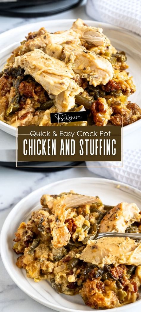 Quick & Easy Crock Pot Chicken and Stuffing - Tastilly Crock Pot Chicken Stuffing, Crockpot Chicken Casserole, Crock Pot Chicken And Stuffing, Crockpot Chicken And Stuffing, Best Lentil Soup Recipe, Chicken Dressing, Chicken And Stuffing, Crockpot Chicken Thighs, Chicken Stuffing