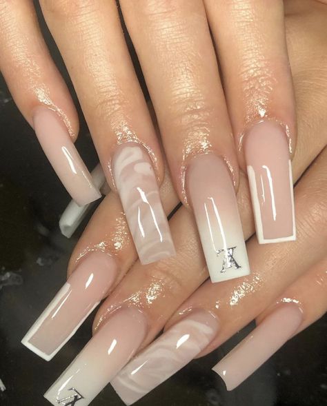 Acrylic Nails With His Initial, Milky White Marble Nails Acrylic, Straight Acrylic Nails, White And Nude Acrylic Nails, Simple White Acrylic Nails, Beige Nails Acrylic, Beige Nail Ideas, Brown Nude Nails Design, Beige Acrylics