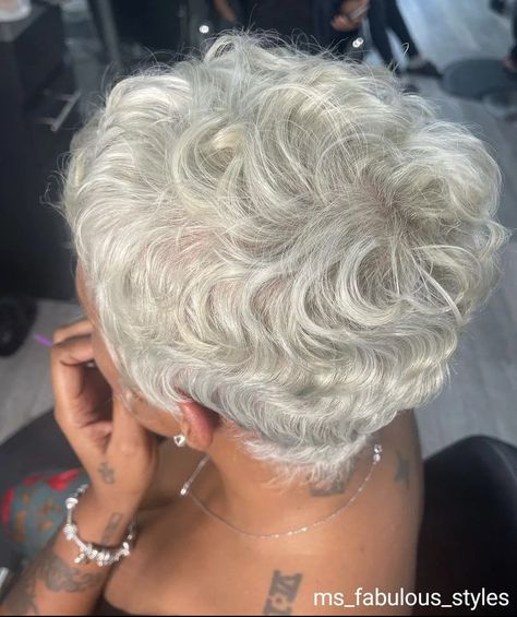 Pixie Hairstyles Blonde, Kelis Hair Short, White Dye Short Hair Black Women, White Tinted Short Hair For Black Women, Platinum Blonde Finger Waves, Bleached Short Hair Black Women, Silver Hair Black Women, Gray Hair Black Women, Ash Blonde Pixie Haircut Black Women