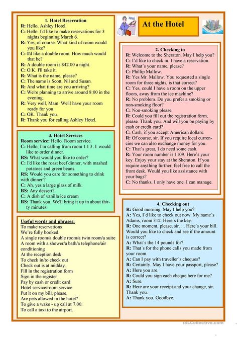 At the Hotel worksheet - Free ESL printable worksheets made by teachers English For Tourism, Travel English, Conversational English, English Vocab, English Classroom, English Language Teaching, Different Exercises, English Activities, English Tips