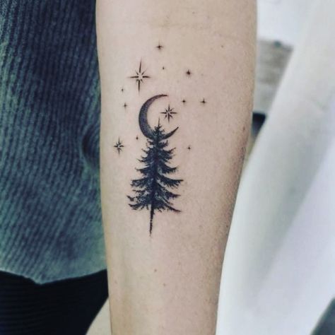 Pine Tree With Snow Tattoo, Forest And Space Tattoo, Snowy Tree Tattoo, Winter Forest Tattoo, Tree And Stars Tattoo, Christmas Themed Tattoos, Winter Themed Tattoos, Winter Inspired Tattoos, Winter Solstice Tattoo