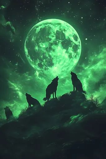 ↑↑↑ Larger size on website 🔸 The image shows a dark, atmospheric scene with a large, green moon in the sky. Three wolf silhouette Howling Wolves, Moon In The Sky, Howling At The Moon, Wolf Silhouette, Green Moon, Howl At The Moon, Sky Moon, Green Light, Wolves