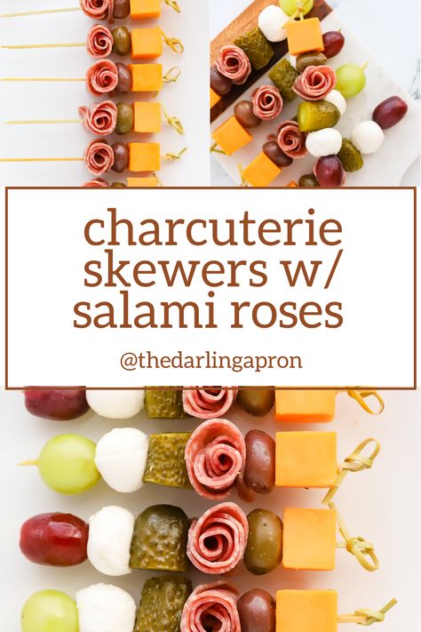 Photos of assembling and finished charcuterie skewers on a white platter. Ravioli Skewers Appetizers, Individual Charcuterie Sticks, Skewer Charcuterie, Mini Charcuterie Cups Diy, Salami Rose And Mozzarella Skewers, Mini Charcuterie Skewers, Toothpick Charcuterie, Salami Flowers Charcuterie, Charcuterie Tooth Picks