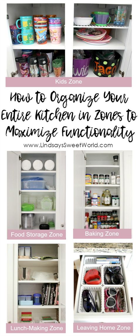 How To Organize Your Cupboards, Setting Up Kitchen Cabinets, Kitchen Cabinets Organization Ideas Layout, Organizing Food In Kitchen Cabinets, How To Best Organize Kitchen Cabinets, How To Organize Cabinets, Kitchen Organization Zones, Organize Upper Kitchen Cabinets, Kitchen Zones Layout