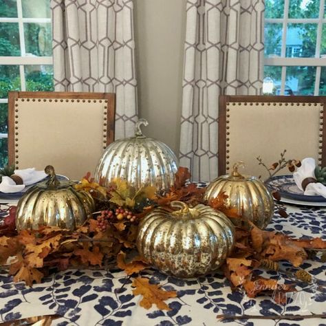 Glass Pumpkin Centerpiece, Glass Pumpkin Decor, Pumpkin Tablescape, Inexpensive Centerpieces, Vintage Bottles Antiques, Low Budget Decorating, Pumpkin Decorating Ideas, Decorate For Fall, Christmas Tree Candle Holder