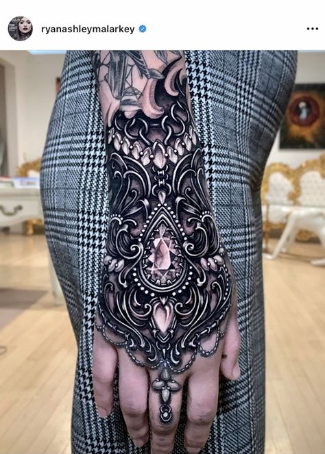 Ryan Ashley Malarkey Tattoos, Ryan Ashley Tattoo, Jewel Tattoos, Ryan Ashley Malarkey, Jewelry Tattoo Designs, Ryan Ashley, Mandala Hand Tattoos, Lace Tattoo Design, Gem Tattoo