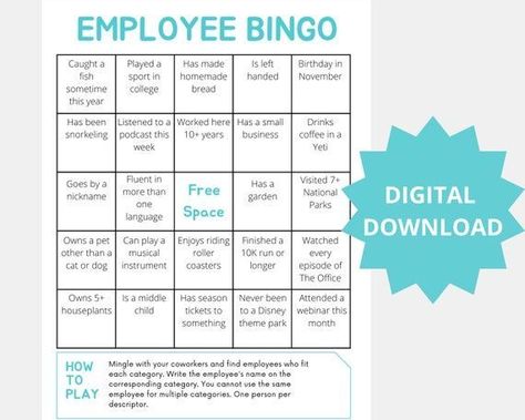 Employee Bingo * Workplace Get-to-Know You Game * Employee Work Game * Work Icebreaker, Downloadable Ice Breakers For Work, Recipe Template Printable, Fun Quiz Questions, Free Bingo Cards, Fun Personality Quizzes, Bingo Template, Ice Breaker Games, Bingo Card, Fun Quiz