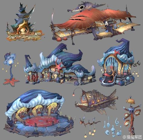 Water Park Ideas, Underwater Park, 30 Day Art Challenge, Underwater House, Props Concept, Building Painting, Props Art, Underwater Art, Creative Drawing Prompts