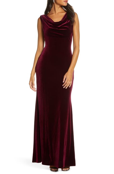 Satin Halter Wedding Dress, Velvet Cowl Neck Dress, Styles For Bridesmaids, Classy Chic Style, Cowl Neck Gown, Maroon Bridesmaid, Celebration Outfit, Maroon Bridesmaid Dresses, Dresses Glam