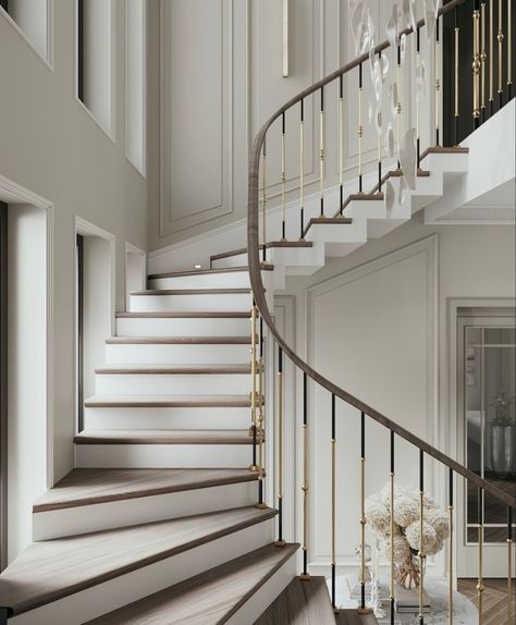 Classic Wood Stairs, Classical Staircase, درابزين السلم, Classic Staircase, Luxury Stairs, Farmhouse Home Design, درج السلم, Staircase Interior Design, Luxury Staircase