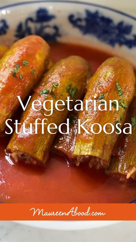 Vegetarian stuffed koosa is based on the classic Lebanese dish of hollowed-out, stuffed summer squash poached in tomato (or yogurt). Koosa squash is a lighter green version of zucchini; dark green or yellow zucchini work beautifully for this dish if you don’t have Lebanese koosa. Stuffed Summer Squash, Baked Stuffed Zucchini, Yellow Zucchini, Apricot Chicken, Lebanese Recipes, Summer Squash, Meat Lovers, Arabic Food, Sweet Onion