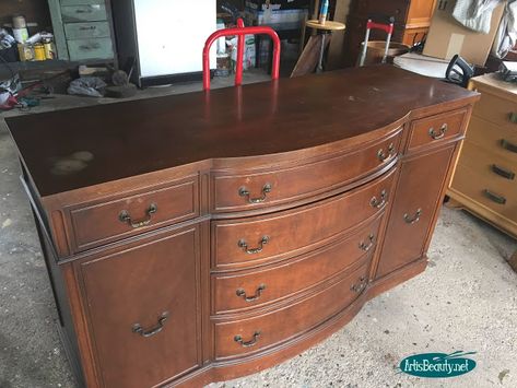 before vintage bow front buffet makeover Buffet Redo Ideas, Bow Front Dresser Makeover, Buffet Makeover Before After, Old Buffet Makeover Ideas, Painted Buffet Ideas, Antique Buffet Makeover, Buffet Redo, Vintage Buffet Makeover, Refinished Buffet