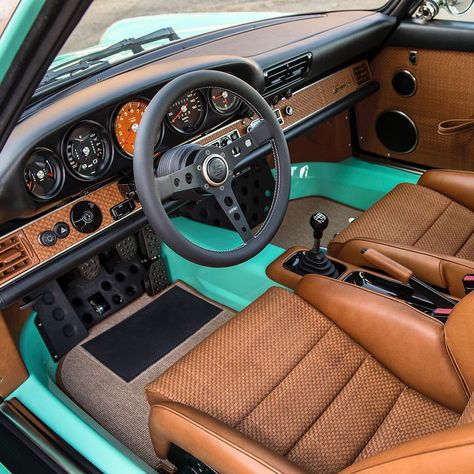 Yellow Porsche, 240z Datsun, Car Interior Upholstery, Singer Porsche, Singer Vehicle Design, Vw Mk1, Automotive Upholstery, Golf Mk1, Custom Car Interior