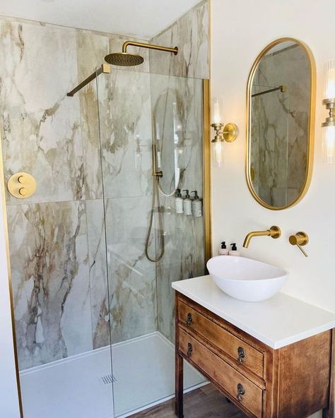 LUSSO on Instagram: "This Edwardian terraced property has been beautifully transformed into a Mid-century modern home. Our brass fixtures and stone sink seamlessly blend with a muted colour palette and elegant accents to create a cosy ambience in this classical bathroom setting. What do you think of this space? #Lusso #midcentury #traditional #bathroomdesign" Edwardian Bathroom, Classical Bathroom, Muted Colour Palette, Muted Colour, Mid Century Modern Home, Muted Color Palette, Brass Fixtures, Stone Sink, Mid Century Modern House