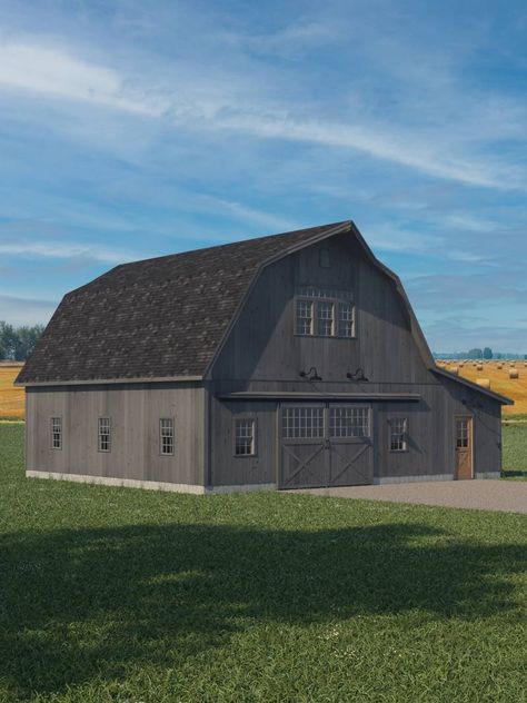 Gambrel Roof House Plans, Gambrel Barndominium, Barn Roof Styles, Gambrel Barn House, Gambrel Roof Trusses, Barn With Loft, Gambrel House, American Pioneers, Barn Exterior