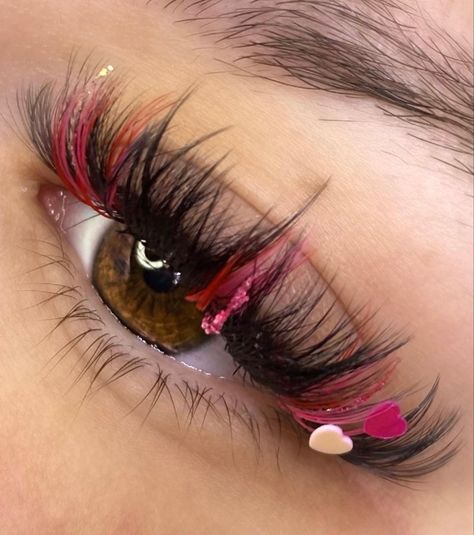 Colorful Eyelashes Extensions, Valentine Eyelash Extensions, Cute Lash Extensions With Color, Eyelashes With Pink, Lashes With Rhinestones, Eyelash Extensions With Glitter, Creative Lash Extensions, Lashes Extensions With Color, Valentines Lash Extensions