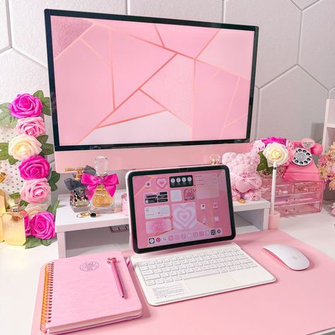 Happy Monday! 🎀 Computer wallpaper is from @mollandslane 💗 Hope everyone has a great day. 💕 What’s on my desk::: Computer: @apple… | Instagram Imac Stand, Pink Desk, Desk Space, Study Areas, Pink Vibes, Pink Decor, Desk Setup, Computer Wallpaper, Office Desk