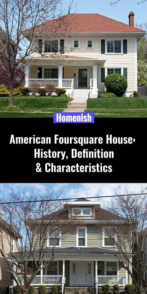 Also known as the Prairie Box, the American foursquare is considered to be a true American style home. Economical, resource-efficient, and practical, foursquare homes can be seen in almost every US state as well as throughout Canada. It can safely be said that foursquares are the most common and popular house styles in America, providing comfortable housing for growing middle-class families. Middle Class Homes, American Foursquare House, American Four Square House, American Style Home, Square Houses, Foursquare House, American House Style, American Style Homes, American Style House