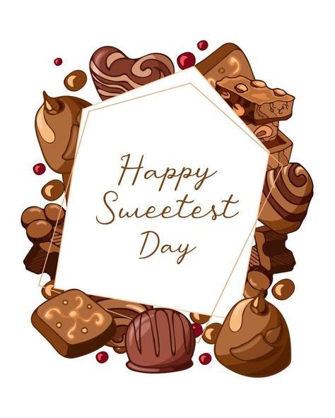 Vintage illustration frame with pieces of milk chocolate with nuts and chocolates candy . Happy Sweetest Day. Vector background design. Template for posters, postcards, cards, banners, packaging, menu Chocolate With Nuts, Happy Sweetest Day, Vector Background Design, Packaging Illustration, Lotus Biscoff, Vector Food, Chocolate Day, Chocolate Design, Chocolate Nuts