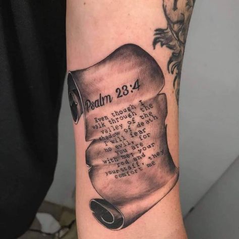 psalm 23 4 Bible verse tattoo arm Psalm 23 4 Tattoo, Psalm 23 Tattoo, Bible Verse Tattoo, Detroit Tattoo, Fear No Evil, Bible Verse Tattoos, Verse Tattoos, Evil Tattoo, 4 Tattoo