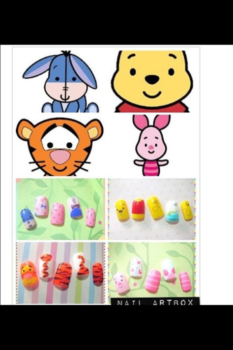 Pooh - Eeyore - Tigger - Piglet 😊 Disney Piglet Nail Art, Nail Art Disney, Disney Nails, Nail Tips, Hair And Nails, Halloween Costumes, Manicure, Snoopy, Nail Designs