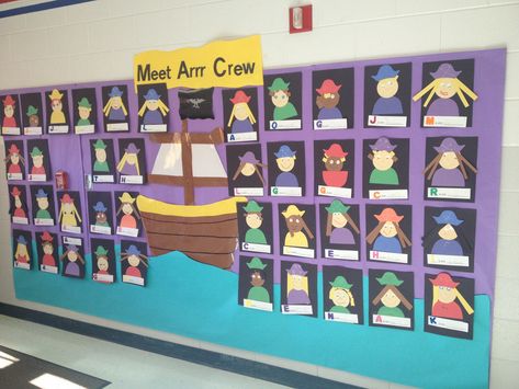 "Meet Arrr Crew!" Pirate Kindergarten Bulletin Board Beginning of the Year Meet The Staff Bulletin Board, Pirate Kindergarten, Kindergarten Bulletin Board, Staff Bulletin Boards, Meet The Staff, Kindergarten Bulletin Boards, Classroom Door, The Staff, Bulletin Board