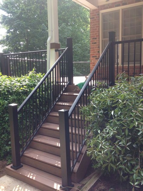 Aluminum Porch Railing    http://kennedyhomeimprovement.biz/DecksandRailing.html Stair Railing Front Porch, Aluminum Porch Railing, Future House Exterior, Front Porch Stairs, Porch Handrails, Exterior Stair Railing, Concrete Front Porch, Outside House Colors, Porch Stairs