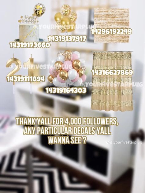 Birthday Codes Bloxburg, Bloxburg Birthday Party Decals, Living Room Decal Codes, Birthday Decals Bloxburg, Bloxburg Birthday Party Ideas, Lamp Decal Bloxburg, Bloxburg Wedding, Pink And Gold Decorations, Modern Decals