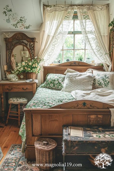 Blend rustic charm with elegance in your cottagecore bedroom. Choose earthy tones, vintage furniture, and floral accents. Soft lace curtains, a chandelier, and antique decor pieces will make your room both stylish and serene. Visit our website for 20 additional ideas! Click now! Vintage Cottagecore Bedroom Ideas, Vintage Bed Ideas, Vintage Furniture Bedroom, Vintage Cottagecore Bedroom, Hobbit Bedroom, Grandmacore Bedroom, Bedroom Ideas Cottagecore, Antique Bedroom Ideas, Cottagecore Furniture