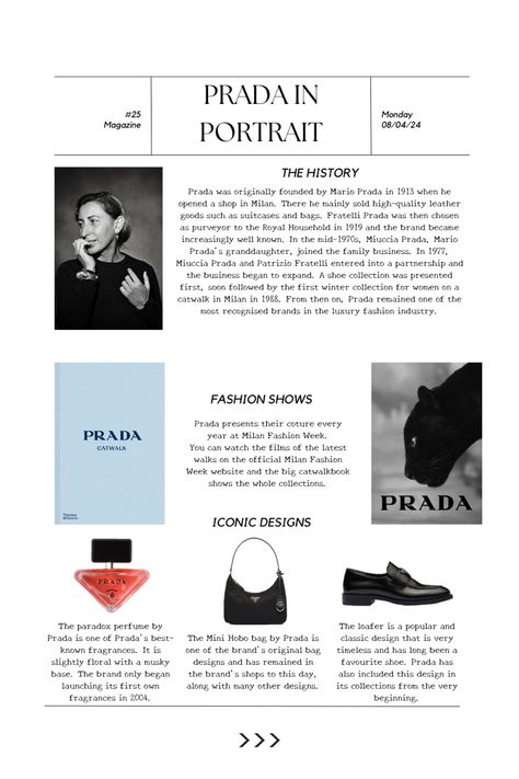 Prada in portrait. The history is very interesting and it‘s good to know if you want to study fashion design. 🖤🤍💸 Study Fashion, Fashion Knowledge, Diy Magazine, Good To Know, Study Style, Very Interesting, Power Point, To Study, Fashion Brands