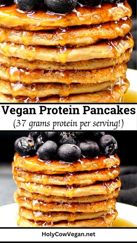 These fluffy, cinnamon-kissed vegan protein pancakes are loaded with 37 grams of protein per serving. Top with fruit and a drizzle of maple syrup for a delicious breakfast that will keep you full for hours! High Protein Vegan Pancakes, High Vegan Protein Breakfast, Vegan Apple Pancakes, Easy Vegan Pancakes, Vegan Crepes Recipe, Vegan Pumpkin Pancakes, Vegan Protein Pancakes, Vegan Pancake Recipes, Wheat Pancakes