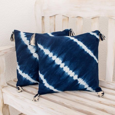 Tie-Dyed Cotton Cushion Covers in Indigo (Pair) - Along the Sea | NOVICA #homedecor #stayathome #alonetogether #howistayathome #istayhomefor #handmade #homemade Cushions Design, Natural Indigo Dye, Tie Dye Techniques, Sea Crafts, Natural Dyeing, Indigo Colour, Tie Dye Cotton, Textile Crafts, Indigo Dye