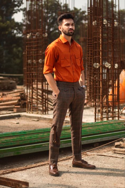 Playing with details on a Checkered formal trouser and Orange Shirt. Burnt Orange Mens Wedding Attire, Burnt Orange Men Outfit, Orange And Brown Outfit Men, Men’s Orange Outfit, Colorful Business Casual Men, Mens Orange Outfit, Orange Shirt Outfit Men, Grwm Men, Orange Shirt Outfit