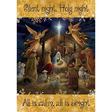 Buy Silent Night Holy Night Double Sided House Flag with free same day shipping and everyday low prices. Everything is calm and quiet in this nativity design fe Silent Night Holy Night, Faith Christian, Merry Christmas Wishes, Night Garden, Christmas Jesus, Birth Of Jesus, Outdoor Flags, Flag Banner, Holy Night