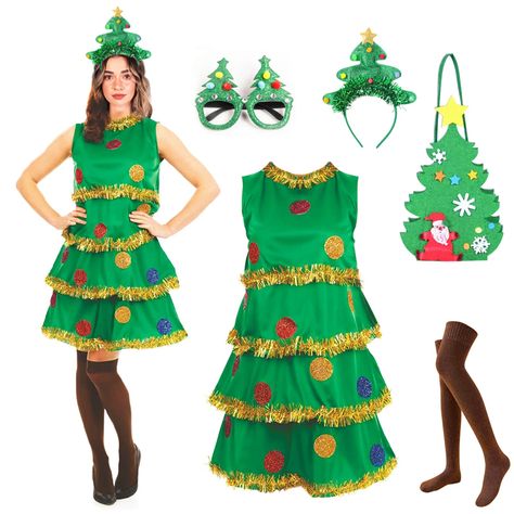 PRICES MAY VARY. 🎄5pcs: The Christmas tree costume set includes: dress, headband, glasses frame, handbag and socks. A variety of Christmas tree element accessories can make you more outstanding at events. 🎄Size: Green Christmas tree costumes are available in two sizes, medium and large. You can choose the size that suits you based on your daily clothing size and the size chart. 🎄Material: The green Christmas tree dress is made of high-quality polyester fabric, which is skin-friendly, soft and Christmas Tree Fancy Dress, Tree Fancy Dress, Xmas Fancy Dress, Christmas Tree Outfit, Fancy Dress Womens, Christmas Tree Costume, Christmas Party Costume, Tree Costume, Christmas Fancy Dress