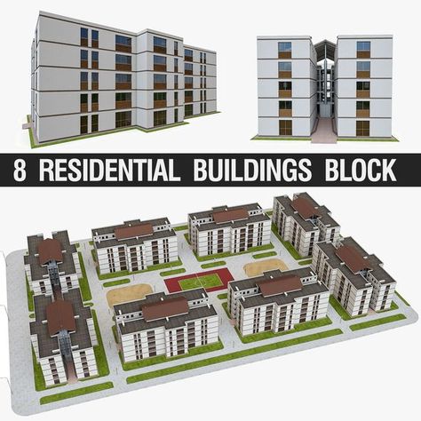 Apartment Block by harumscarum This is a real-world-size model of 8 Residential Houses in block made by the professional architect. - Units used: Centimeters - Originally created with 3ds Max 2011 LEVEL OF DETAIL and USAGE - This model is suitable for different purpose 鈥?20real-time and game use, Unity, UE4, CGI exterior visuali Small Apartment Complex Plans, Small Apartment Complex, Buy Apartment, Apartments Exterior, Apartment Block, House Outer Design, Block Of Flats, Residential Building Design, Apartment Floor Plans