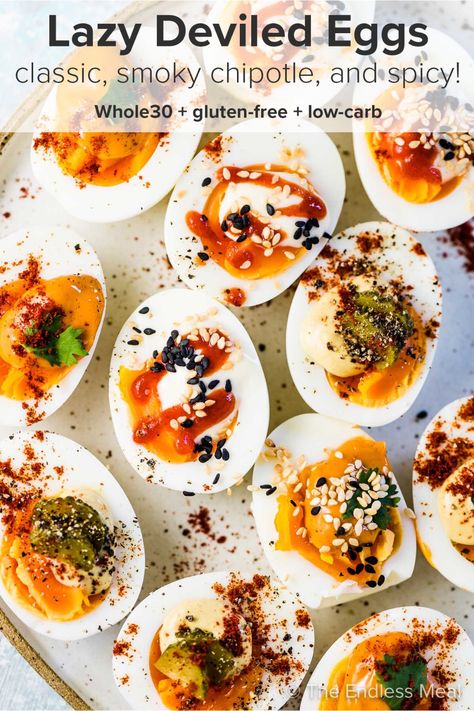 Lazy Deviled Eggs - an easy deviled eggs recipe that is perfect for a quick and healthy snack. Jammy hard-boiled eggs are topped with our favorite deviled eggs ingredients. They are ready to eat in 10 minutes and pack well for lunches on the go! Easy Deviled Eggs Recipe, Easy Deviled Eggs, Spicy Deviled Eggs, Deviled Eggs Recipe Easy, Deviled Eggs Recipe Classic, Best Deviled Eggs, Deviled Eggs Easy, Bacon Deviled Eggs, Deviled Eggs Recipe