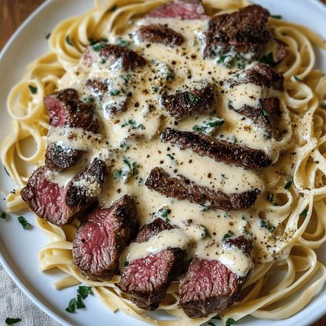 Savory Steak Gorgonzola Alfredo with Creamy Parmesan Sauce Steak And Fettuccine, Copycat Olive Garden Steak Gorgonzola Alfredo, Mushroom Gorgonzola Sauce, Food Aesthetically Dinner, Gorgonzola Steak Pasta, Savory Steak Gorgonzola Alfredo, Savory Steak Gorgonzola Alfredo With Creamy Parmesan Sauce, Crumb Steak, Steak Sauce Ideas